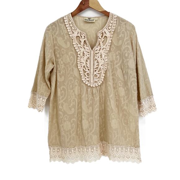 King Ranch Boho Chic Lace Trim Cotton Jacquard Blouse Cream size Large - Picture 1 of 10